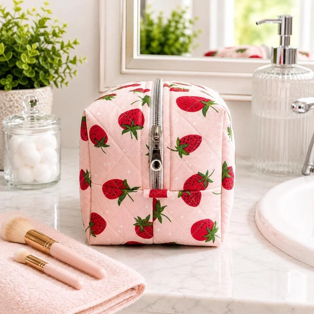 Strawberry Makeup Bag, Quilted Cosmetic Bag, Travel Toiletry Bag, Organizer Bag